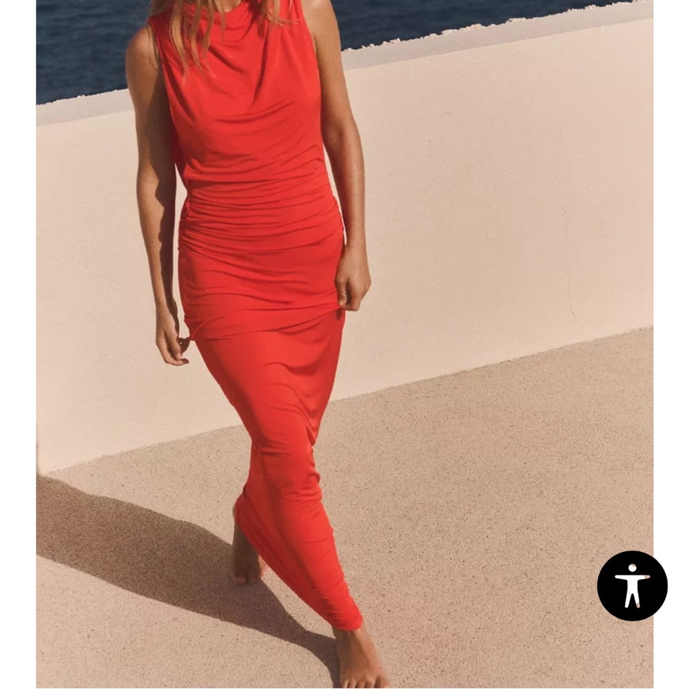 ZARA // Red-Orange Ruched Bodycon Dress High Neck Sleeveless